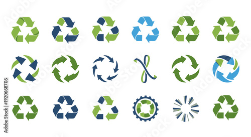 Recycling symbols set, eco-friendly green and blue arrows, sustainability concept vector collection