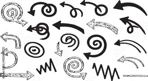 Vector set of hand-drawn grunge arrows, collection of hand-painted brush stroke pointers and creative ink scribbles for artistic