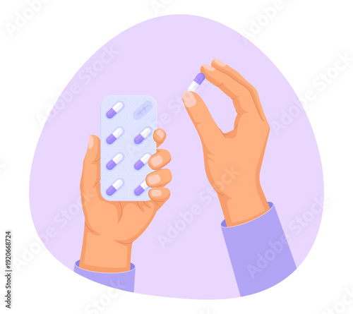 Hands holding blister pack of purple white capsule pills and removing one tablet medication pharmaceutical supplement on violet background flat vector illustration