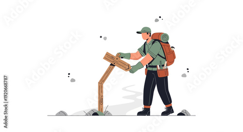 Hiker Adjusting Trail Marker For Scenic Expedition Navigation