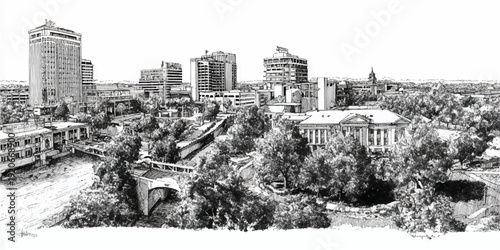 A detailed sketch of a historic town center with prominent buildings and a bustling main street.