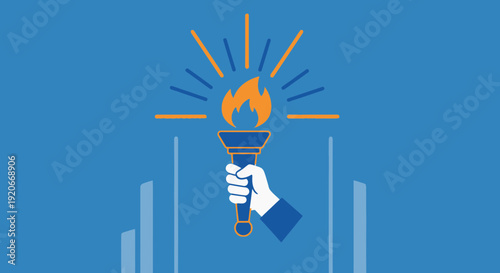 Holding A Torch With Flames And Rays Of Light And Abstract Buildings