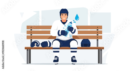 Hockey Player Resting On Bench Hydrating After Intense Game