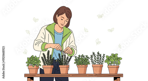 Home Gardener Tending To Fresh Herbs On A Sunny Day