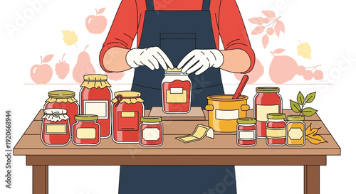 Homemade Fruit Preserve Preparation Process With Jars And Fruits