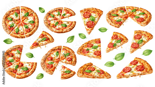 A charming watercolor collection of hand-painted pizza illustrations, including full round pizzas, triangular slices, bubbling cheese, and vibrant green basil accents.
