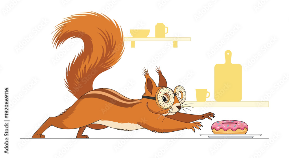 Fototapeta premium Humorous Squirrel Eagerly Reaching For Delicious Donut, Expressing Playful Curiosity And Fun