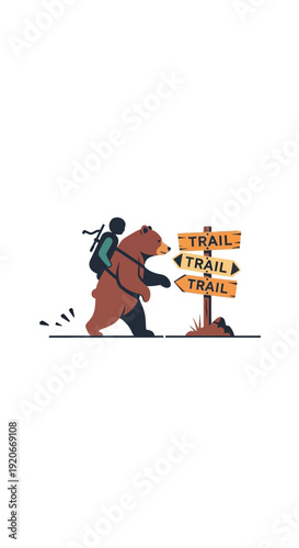 Humorous Illustration Depicting a Person on a Bear Choosing a Trail Direction Clearly Shown