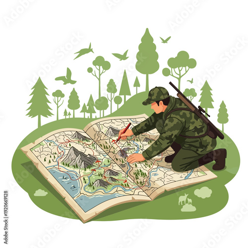 Hunter With Rifle Studying An Open Map Amidst Forest Landscape