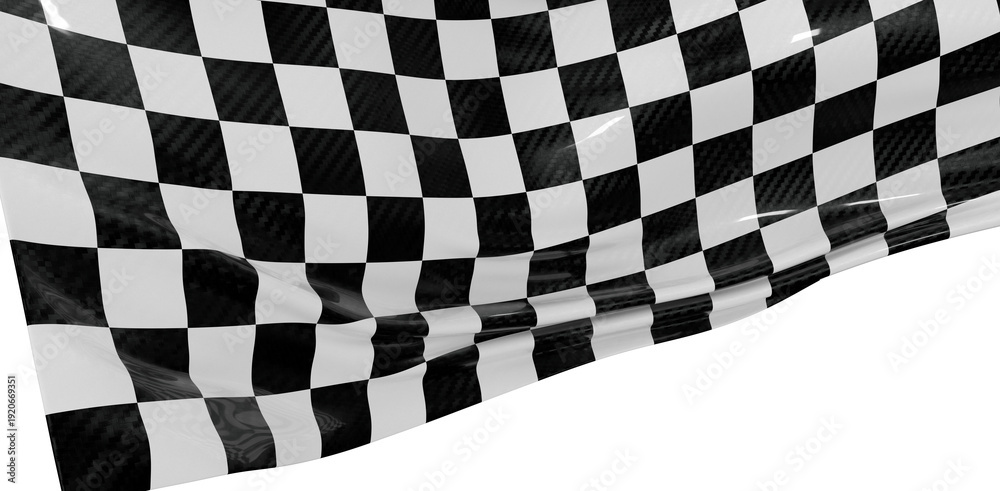 Obraz premium Checkerboard racing flag waving, black and white pattern in dynamic motion on white backdrop. Symbol of speed, competiti