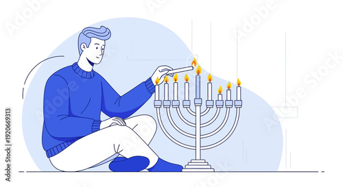 Illuminating Tradition A Young Man Lights Menorah Candles For Hanukkah Celebration