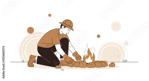 Illustration Of A Person Building Fire At Campsite With Warm Color Tones