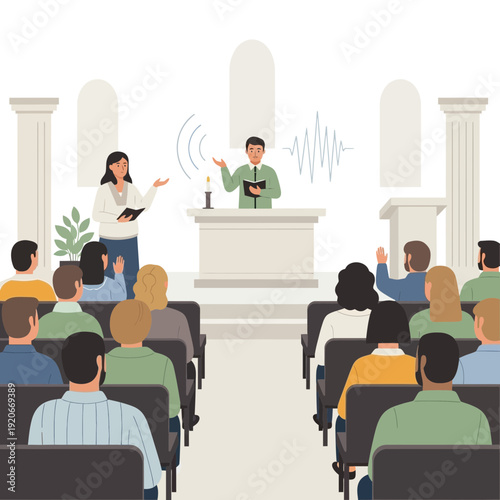 Illustrated Church Service Depicting a Sermon Delivery and Active Audience Participation