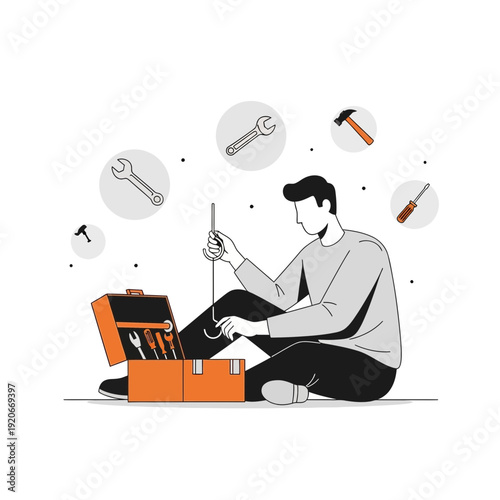 Illustration Of A Person Examining Tools From An Open Toolbox for Construction and Repair