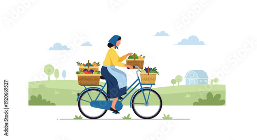 Illustration Of A Woman Riding A Bicycle Laden With Fresh Produce