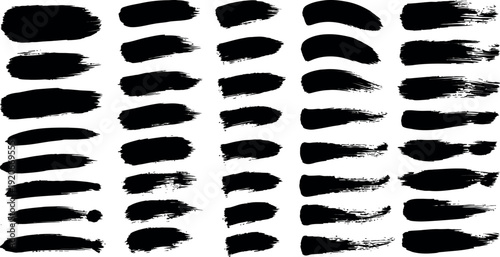 Large collection of diverse black ink brush strokes in various shapes and sizes on a white background for design