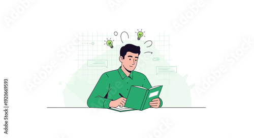 Illustration Of Man Having Ideas While Reading Book And Jotting Down Notes
