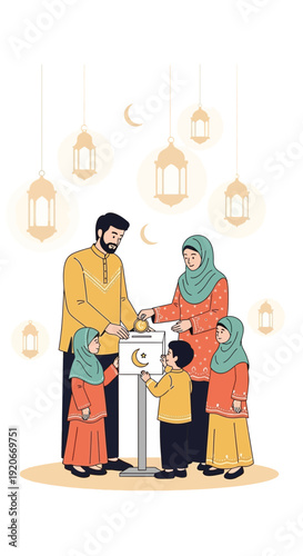 Illustrative Depiction Of Muslim Family Giving Alms During Islamic Celebration in Vector Art