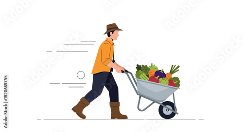 Illustrative Farmer Transporting Freshly Harvested Vegetables in Wheelbarrow