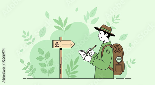 Illustrative Guide Exploring Nature Noting Observations With Backpack and Directional Sign