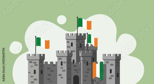 Illustrative Irish Castle And Flags With Abstract Background Design Elements