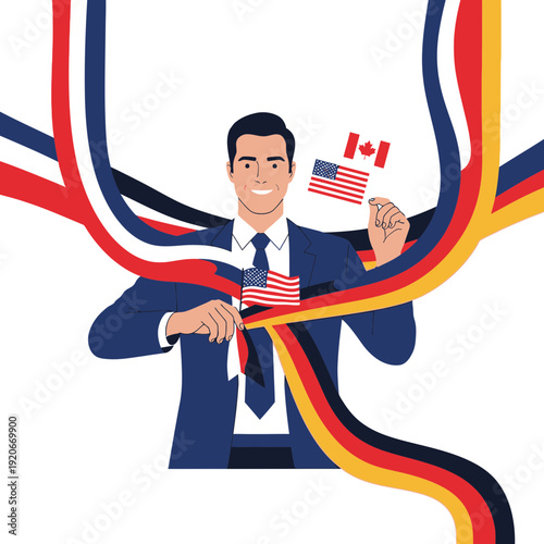 International Cooperation And Diplomacy Represented By A Man Holding Flags
