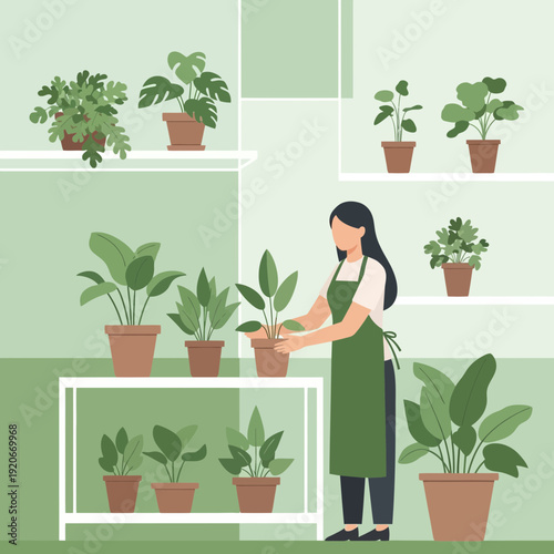 Indoor Botanical Oasis Woman Tending To A Lush Collection Of Houseplants