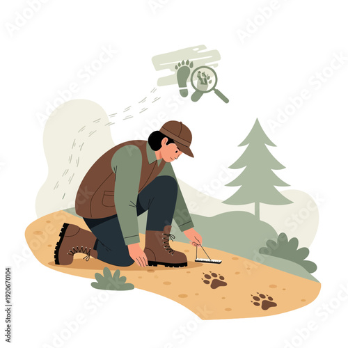 Investigating Footprints: A Wildlife Tracker's Exploration in the Forest Terrain