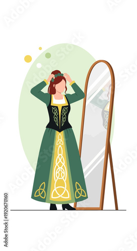 Irish Dancer Prepares For Performance Before Full Length Mirror