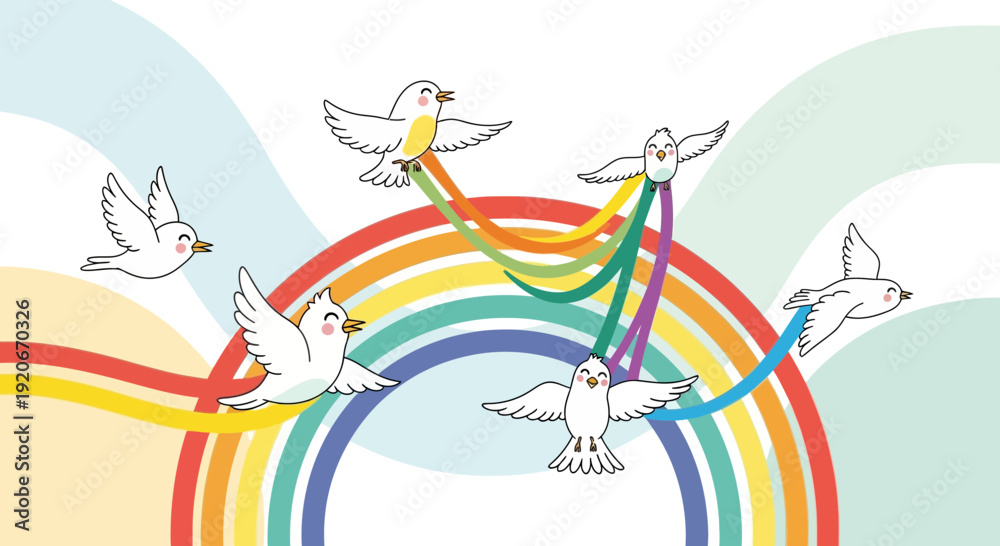 Fototapeta premium Joyful Birds Soaring Over a Vibrant Rainbow Bridge