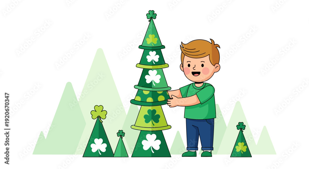 Naklejka premium Joyful Boy Builds St Patrick's Day Hat Tower With Shamrocks Festive Fun