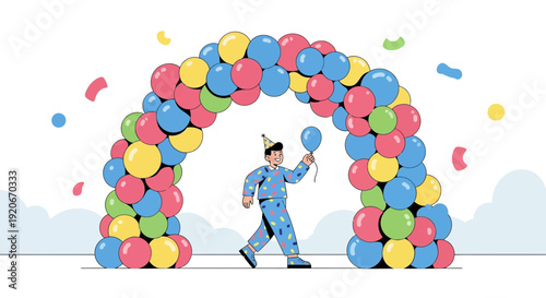 Joyful Birthday Celebration Archway with Cheerful Person Holding Balloon