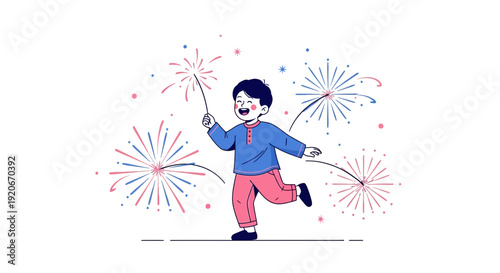 Joyful Boy Celebrating With Fireworks During Festive Season and Cheerful Moments