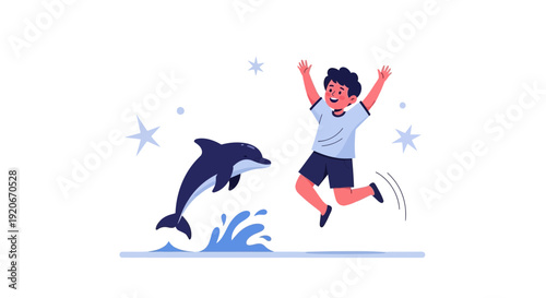 Joyful Boy Jumps With Dolphin In Playful Ocean Encounter