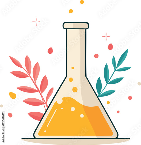 Laboratory Flask with Yellow Liquid and Decorative Leaves Vector Illustration