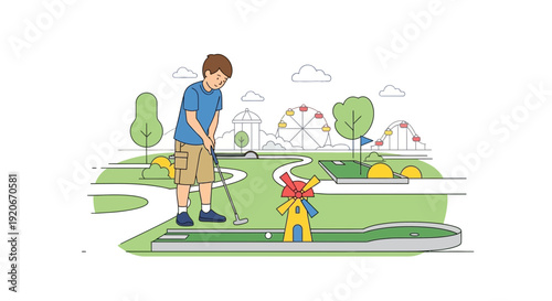 Joyful Boy Plays Mini Golf Amidst Colorful Amusement Park Attractions
