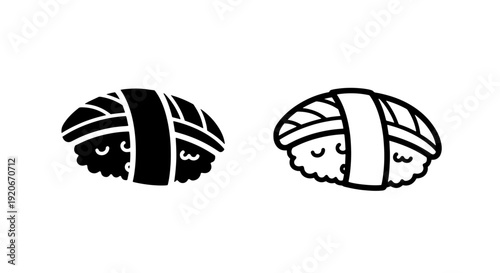 Cute sushi icon: adorable solid and outline cartoon nigiri with happy faces.