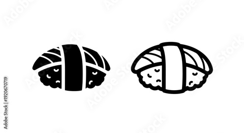 Salmon sushi icon pair: elegant solid and outline graphics of Japanese nigiri.
