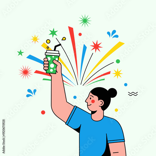 Joyful Celebration Holding Refreshing Drink With Bursting Colorful Fireworks