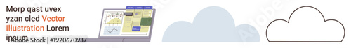 Technology, online storage, data analytics, cloud computing, innovation, connectivity. Laptop showing charts and text, accompanied by cloud shapes. Cloud computing and online storage