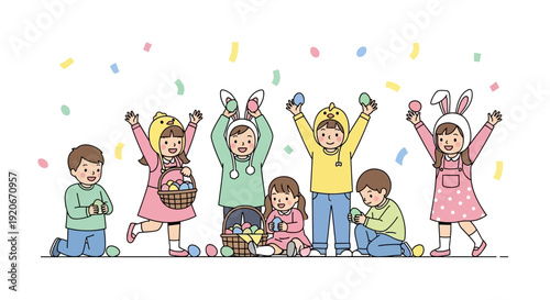 Joyful Celebration Of Easter With Enthusiastic Kids Amidst Colorful Confetti