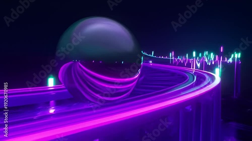 A vibrant purple roller coaster with green and blue lights speeding through a dark night atmosphere at an amusement park