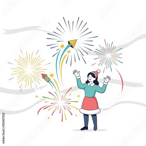 Joyful Celebration Woman Enjoying Festive Fireworks Display Light Up The Night Sky