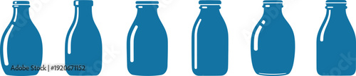 Six teal blue bottles in a row on white background