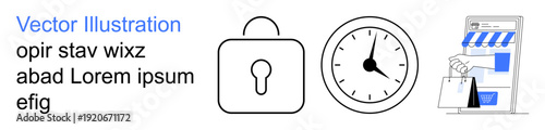 Online security, time management, e-commerce, digital access, online shopping, retail concepts. Lock, clock and shopping bags with a storefront. Online security and e-commerce