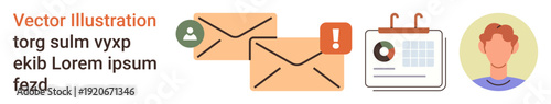 Email marketing, online notifications, communication tools, scheduling, personal profile management, business organization. Graphic of envelopes, calendar and profile icon. Email marketing
