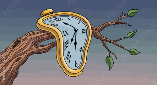 A melting clock hangs from a barren tree branch with sparse leaves, set against a surreal, gradient sky, viewed from a slight angle