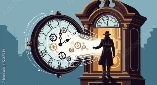 Man Emerging from Vintage Clock Tower, with Clock Face Exploding into Gears and Numbers in Urban Landscape