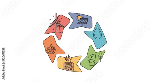 Renewable Energy Sources Cycle Infographic with Wind, Solar, Hydro, and Biomass Power