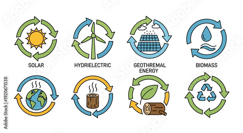 Renewable Energy Sources Icons Set: Solar, Hydroelectric, Geothermal, Biomass, and Sustainable Power